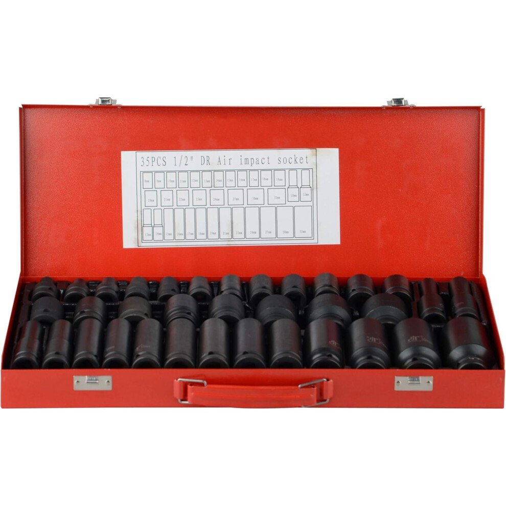 35pcs 1/2" Drive 6 Point 8-32mm Metric Deep Impact Socket Set Car Garage Tools