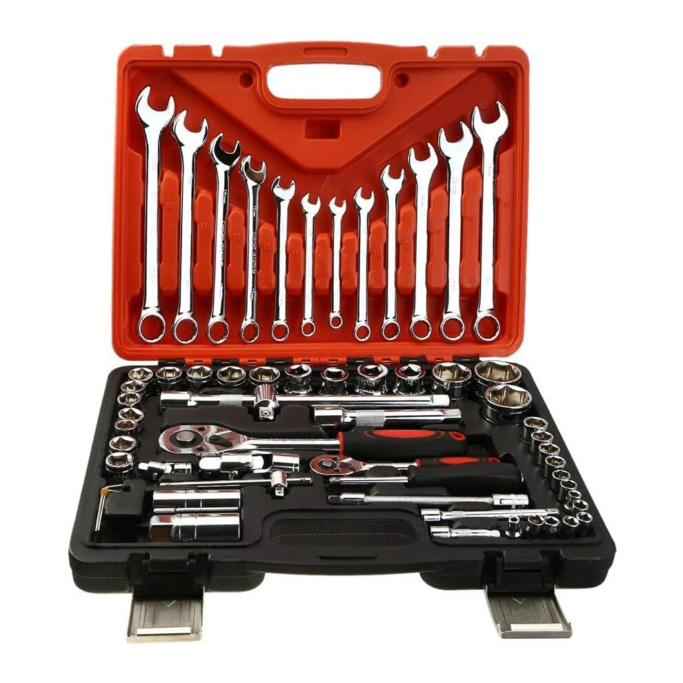 (61pcs Auto Repair Tool) 61 Pcs Auto Repair Tool Set Combination Wrench and Drive Socket Tool Kit Set with Reversible Ratche