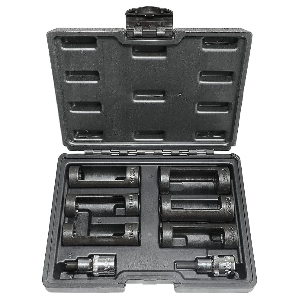 (8PC) Suspension Strut Nut Socket 16mm 18mm 19mm 21mm 22mm 24mm with 12 Point 1/2" Drive, Suspension Strut Spreader Socket 8pc Shock Absorber Removal Tool