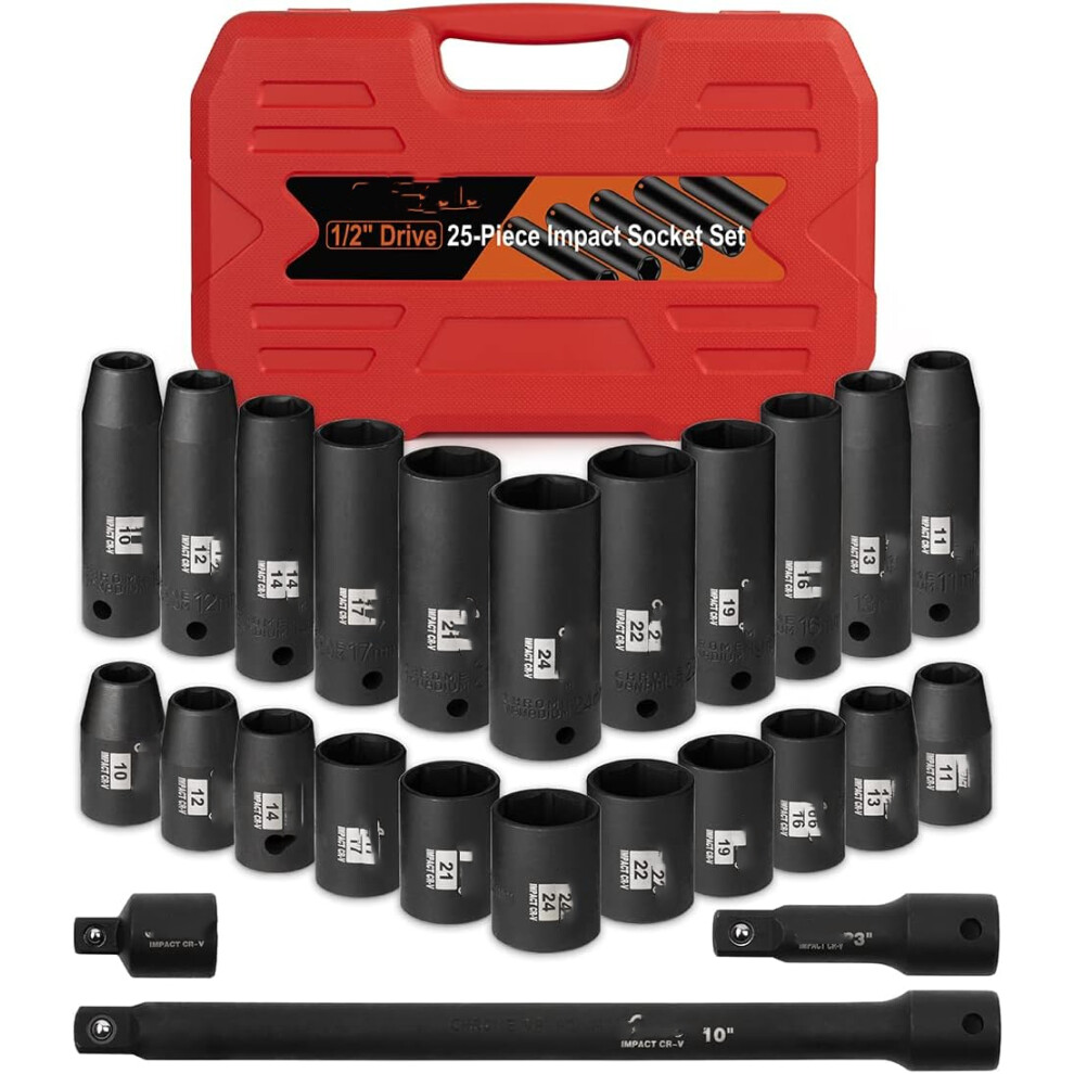 (25PCS) 1/2-Inch,25 PCS Drive Master Deep Impact Socket Set 10mm - 24mm, CR-V with 3pcs Drive Impact Extension Bar Set 3",10",3/8 "Converter Metric