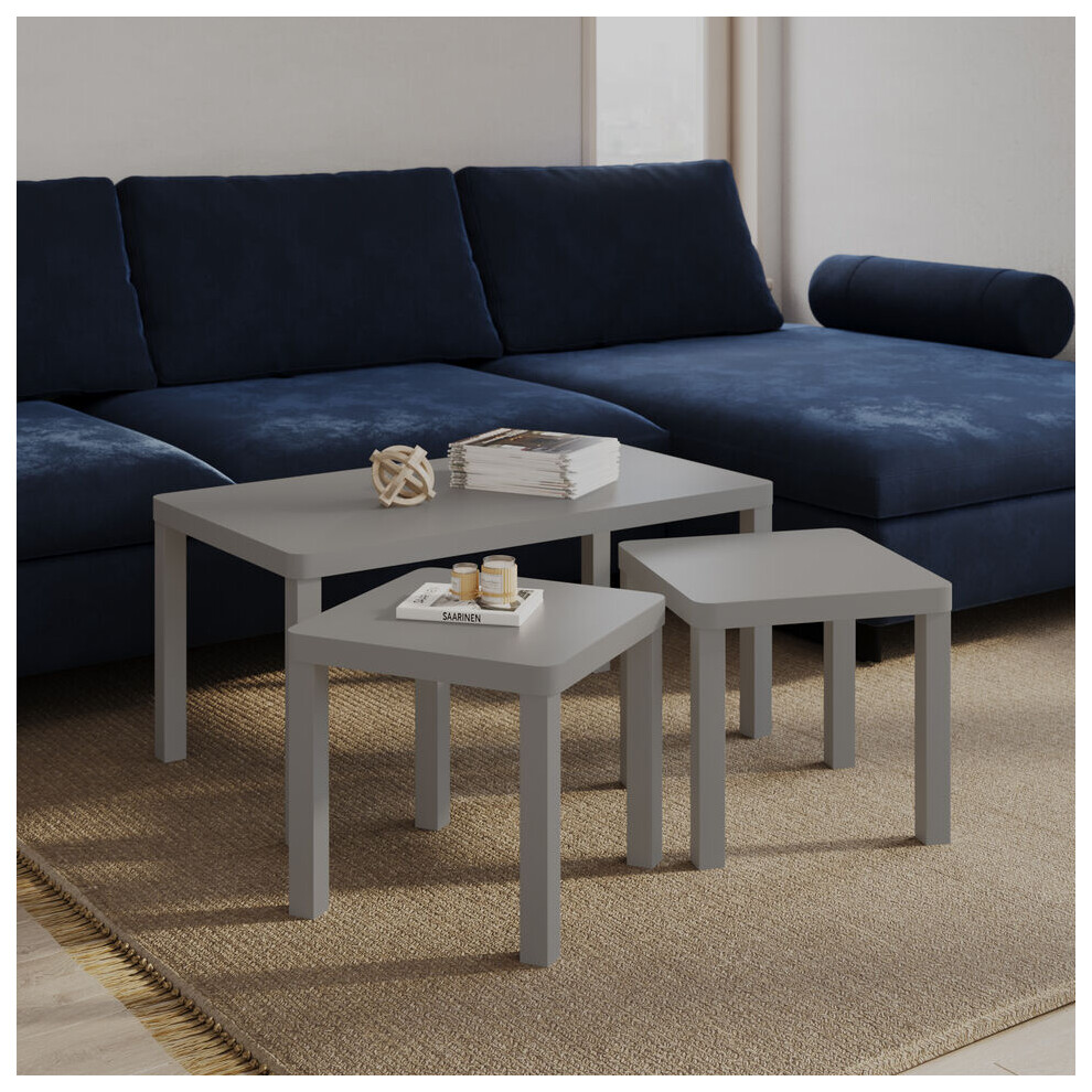 (Grey) Set of 3 Wooden Nesting Stacking Coffee Side Centre Tables Living Room Furniture
