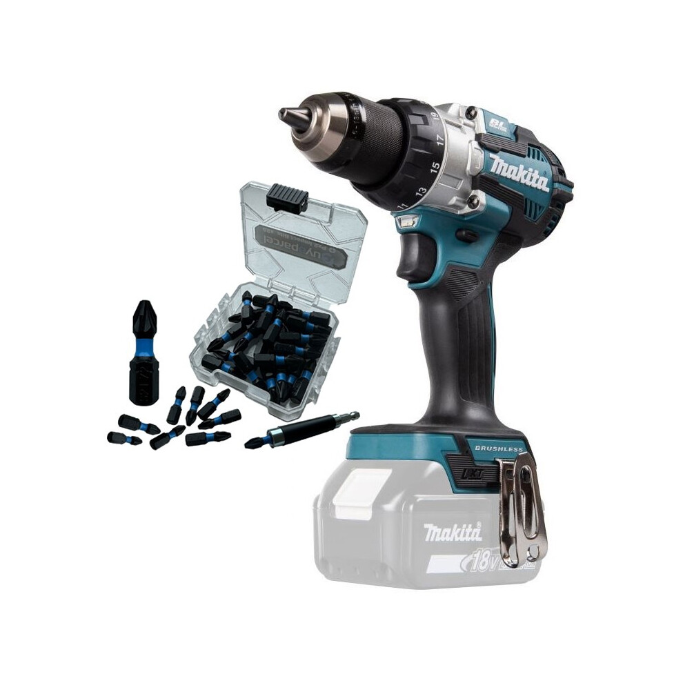 Makita DHP489Z 18v LXT Brushless Combi Hammer Drill Metal Chuck 25pc Torsion Set
