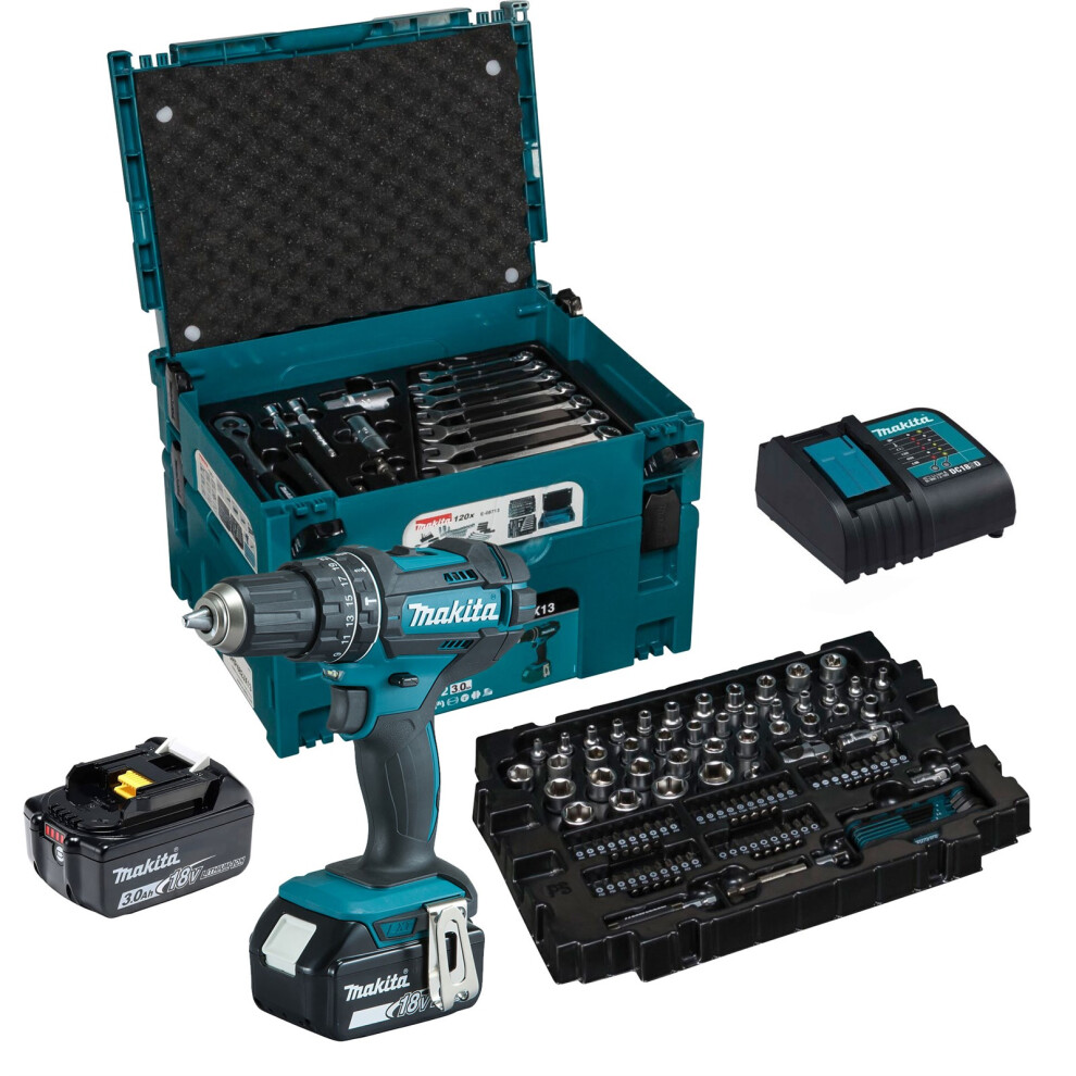 Makita DHP482JX13 18v LXT Cordless Combi Drill Kit 2 x 3ah + 120 Piece Bit Set