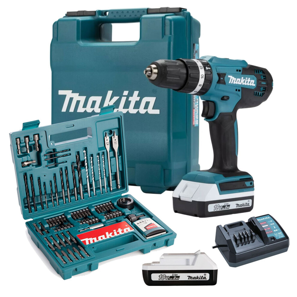 Makita HP488DAE 18v Lithium Combi Hammer Drill 2x 2Ah - 100 Screwdriver Bit Set