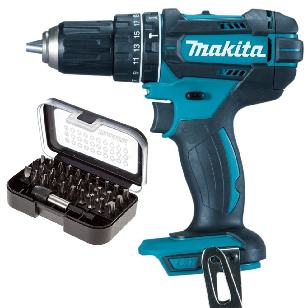 Makita DHP482Z 18v LXT 2 Speed Combi Drill + 30PC Screwdriver Bit Set BARE UNIT