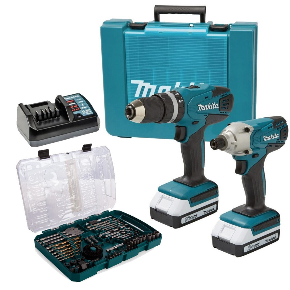 Makita 18V Cordless Combi Hammer Drill & Impact Driver Twin Pack with 75-Piece Bit Set - DK18015X1-ACC
