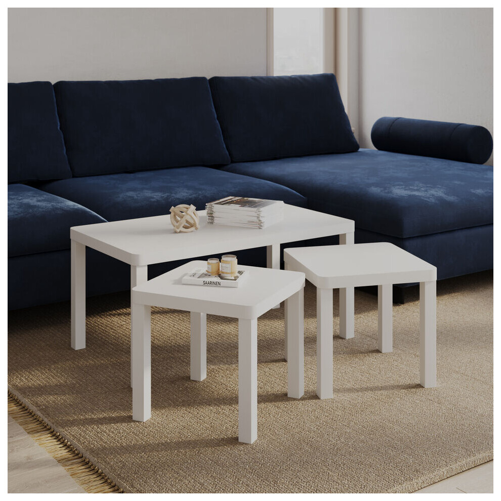 (White) Set of 3 Wooden Nesting Stacking Coffee Side Centre Tables Living Room Furniture