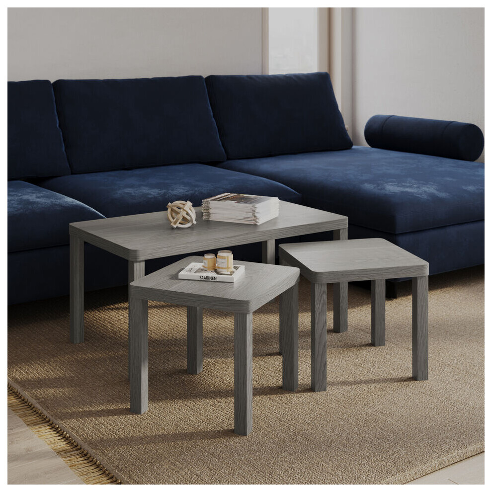 (Cedar Grey) Set of 3 Wooden Nesting Stacking Coffee Side Centre Tables Living Room Furniture