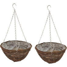 2x 12" Round Rattan Hanging Baskets Outdoor Planters with Liner & Chains