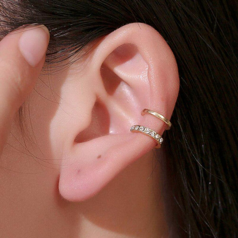 (gold) Double Layered Clip On Earrings Korean Gold Silver Color Crystal Clip Earrings Without Piercing For Women Ear Cuffs Jewelry