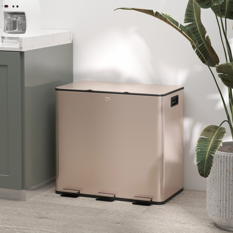 Homcom 3 X 15L Triple Kitchen Bin Pedal Bin For Recycling And Waste, Tone Gold