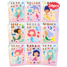 24 Pcs Make Your Own Mermaid Sticker Sheets for Kids with Mermaid Face Stickers for Kids Toddlers Girls Crafts Activities Gift Bag Stuffers