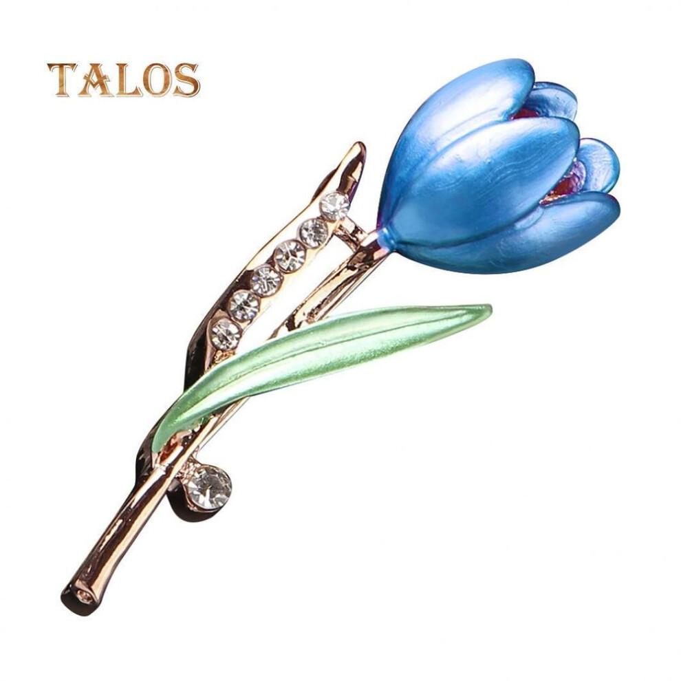 (blue) Fashion Lady Tulip Brooch Crystal Stone Decor Flower Pin Elegant Suit Breastpin Decoration
