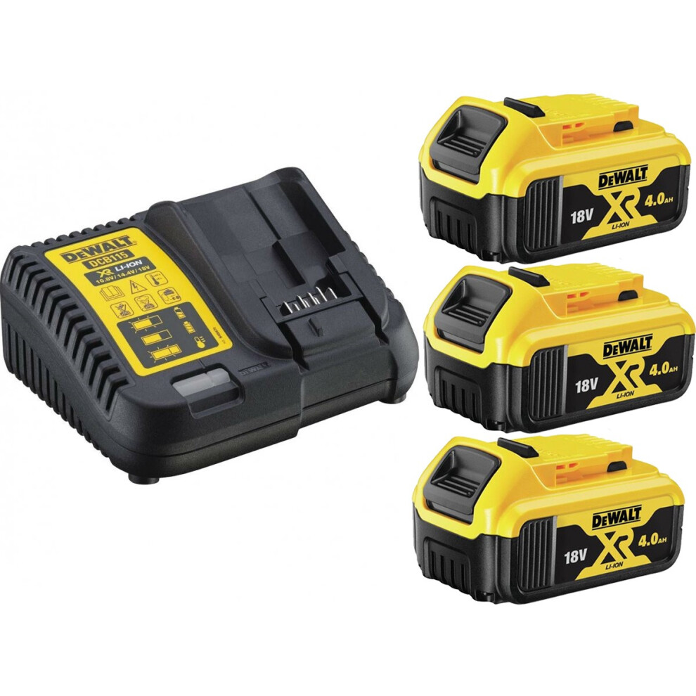 3 x Dewalt DCB182 4.0ah 18v XR Lithium Ion Battery + DCB115 Charger Power Pack