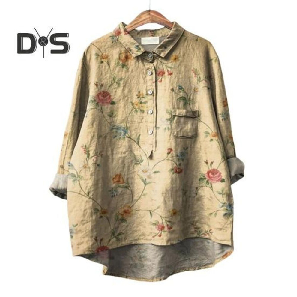 (3XL, yellow) Women Shirt Lapel 3/4 Sleeve Buttons Neckline Shirt Tops Flower Printing Loose Fit Casual Shirt Thin Blouse Streetwear