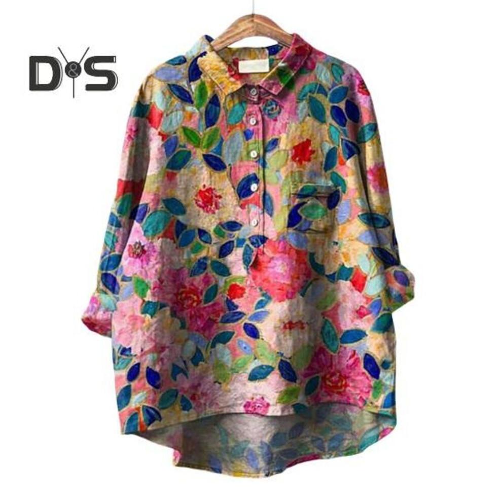(XL, blue,red) Women Shirt Lapel 3/4 Sleeve Buttons Neckline Shirt Tops Flower Printing Loose Fit Casual Shirt Thin Blouse Streetwear