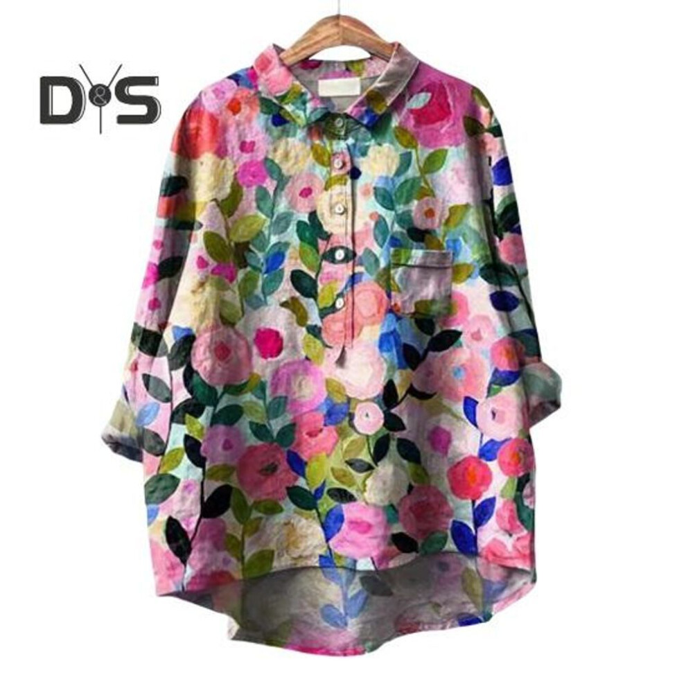(2XL, rose red) Women Shirt Lapel 3/4 Sleeve Buttons Neckline Shirt Tops Flower Printing Loose Fit Casual Shirt Thin Blouse Streetwear
