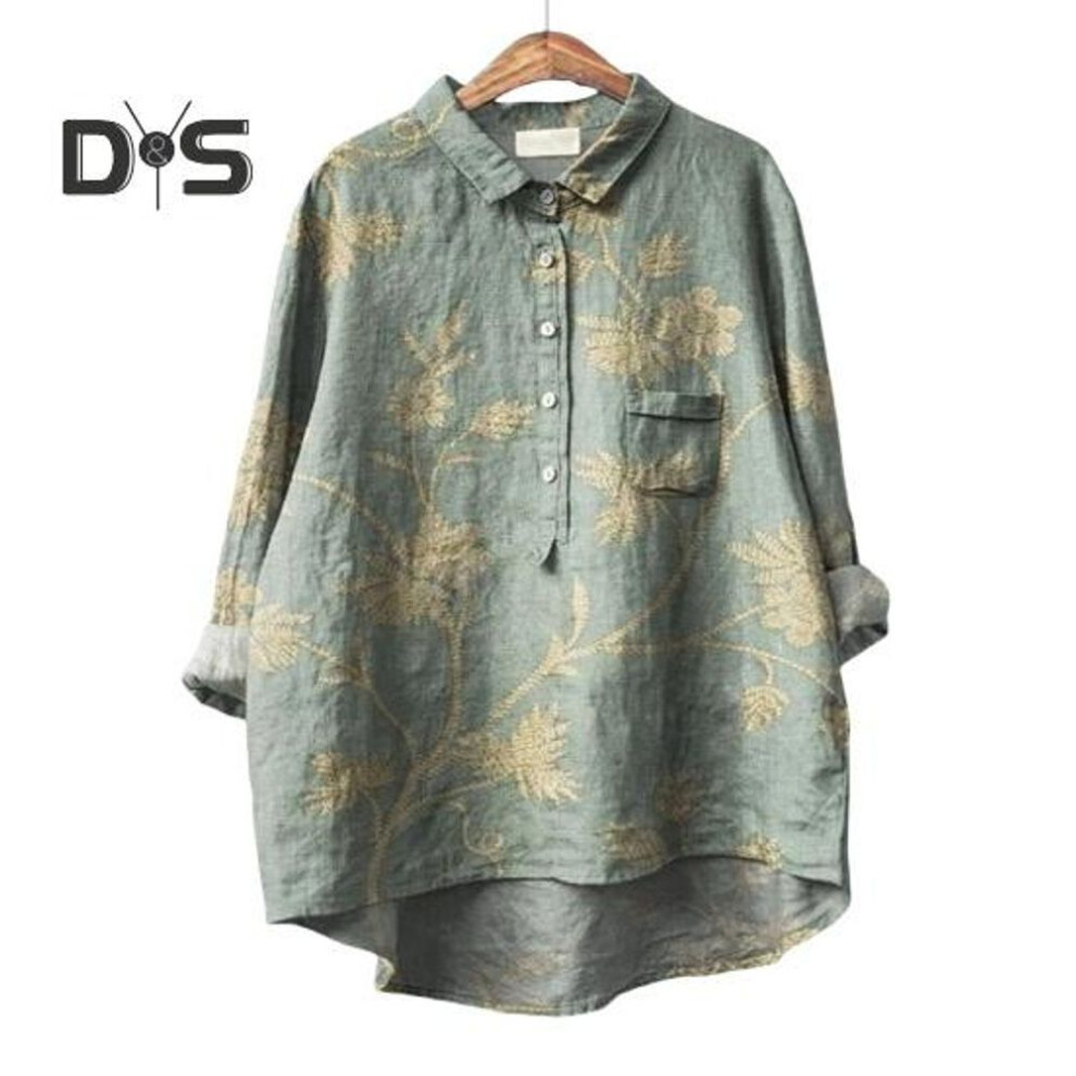 (4XL, green,yellow) Women Shirt Lapel 3/4 Sleeve Buttons Neckline Shirt Tops Flower Printing Loose Fit Casual Shirt Thin Blouse Streetwear