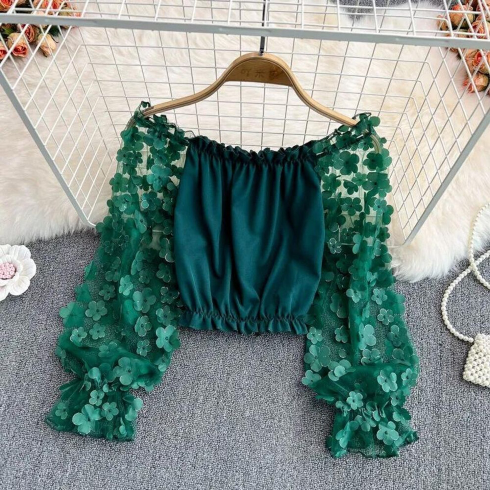 (M, green) One-shoulder Chiffon Shirt See-through Mesh Stitching Loose Waist Cropped Off-the-shoulder Top  Women Tops