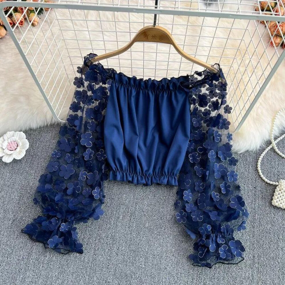 (M, blue) One-shoulder Chiffon Shirt See-through Mesh Stitching Loose Waist Cropped Off-the-shoulder Top  Women Tops