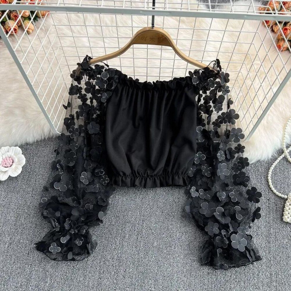 (S, black) One-shoulder Chiffon Shirt See-through Mesh Stitching Loose Waist Cropped Off-the-shoulder Top  Women Tops
