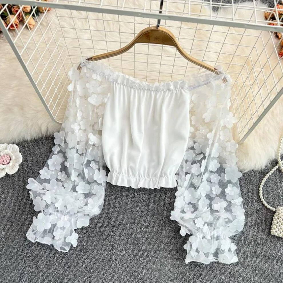 (M, white) One-shoulder Chiffon Shirt See-through Mesh Stitching Loose Waist Cropped Off-the-shoulder Top  Women Tops