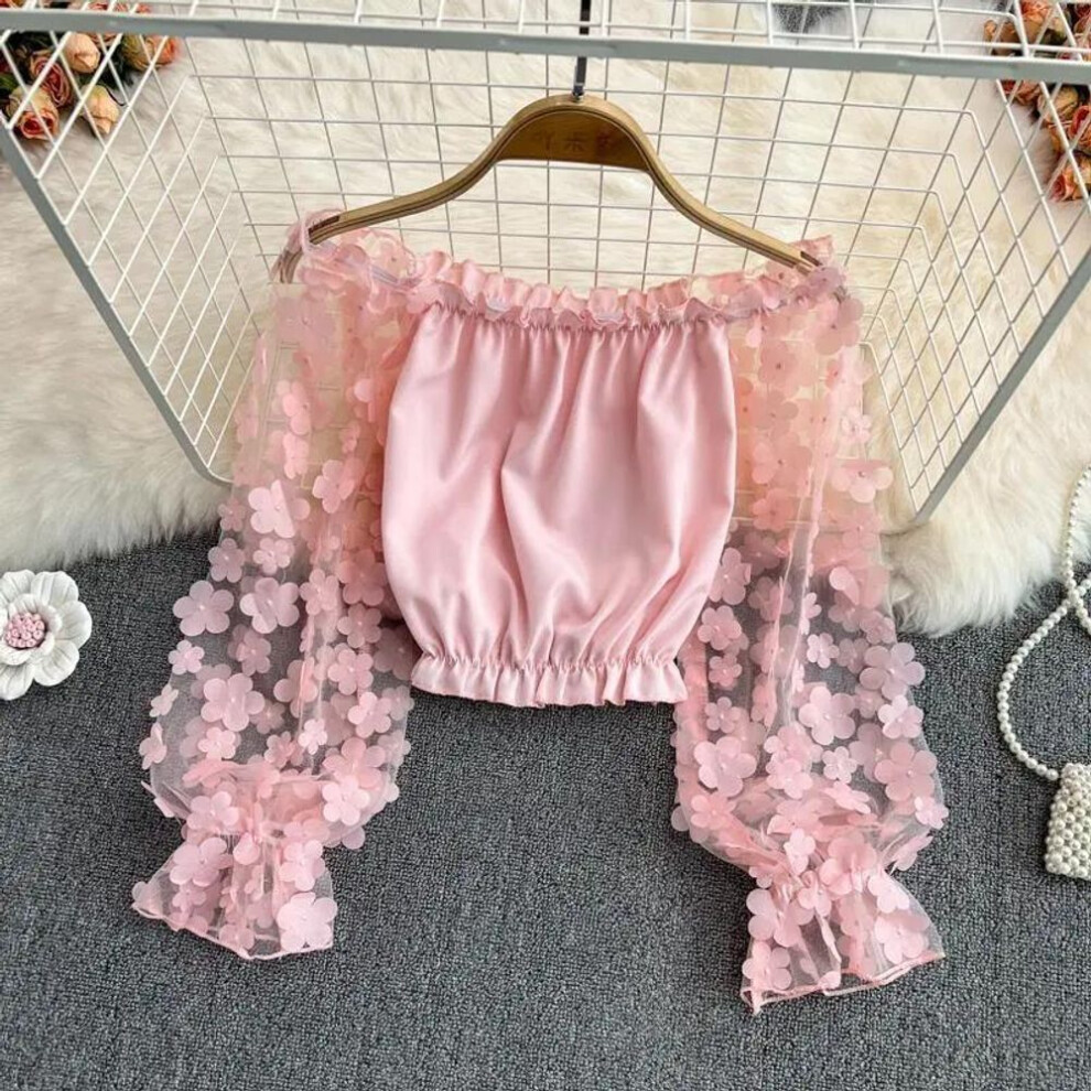(M, pink) One-shoulder Chiffon Shirt See-through Mesh Stitching Loose Waist Cropped Off-the-shoulder Top  Women Tops
