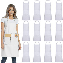 (White) 12 Pack Plain Bib Aprons With 2 Pockets - Black Unisex Commercial Apron Bulk