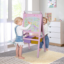 HOMCOM 3B0-003 Kids Wooden Art Easel: 3-in-1 Whiteboard, Chalkboard & Paper Roll, A-Frame with Storage Baskets, Ages 3+