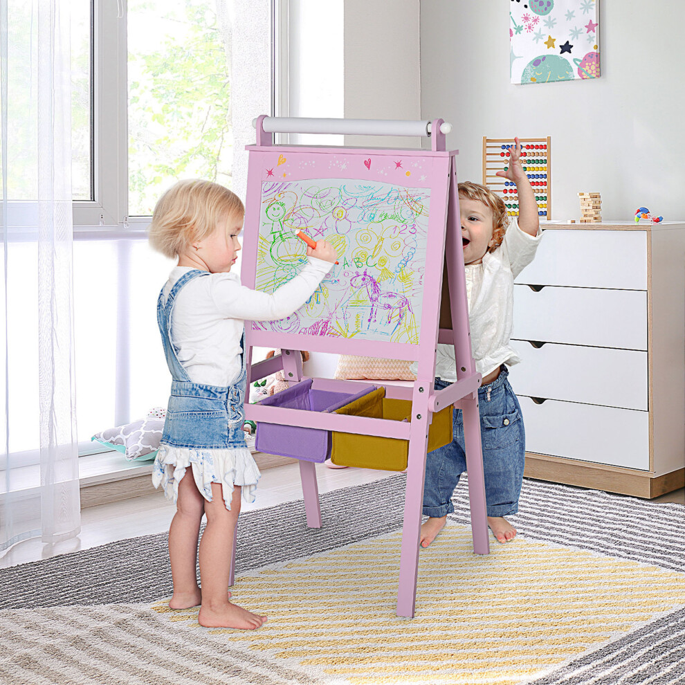 HOMCOM 3B0-003 Kids Wooden Art Easel: 3-in-1 Whiteboard, Chalkboard & Paper Roll, A-Frame with Storage Baskets, Ages 3+