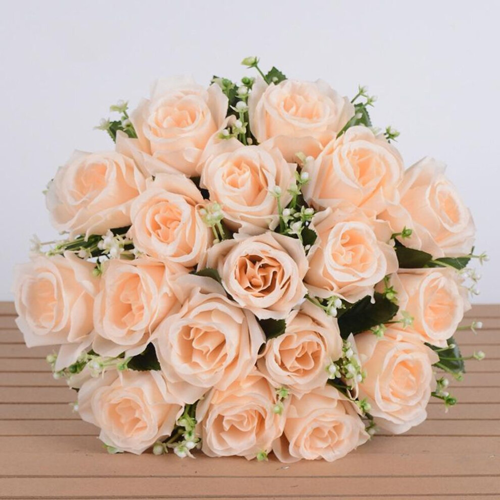 (champagne) 18 Heads Silk Rose Artificial Flowers Fake Bouquet Wedding Home Party Decor