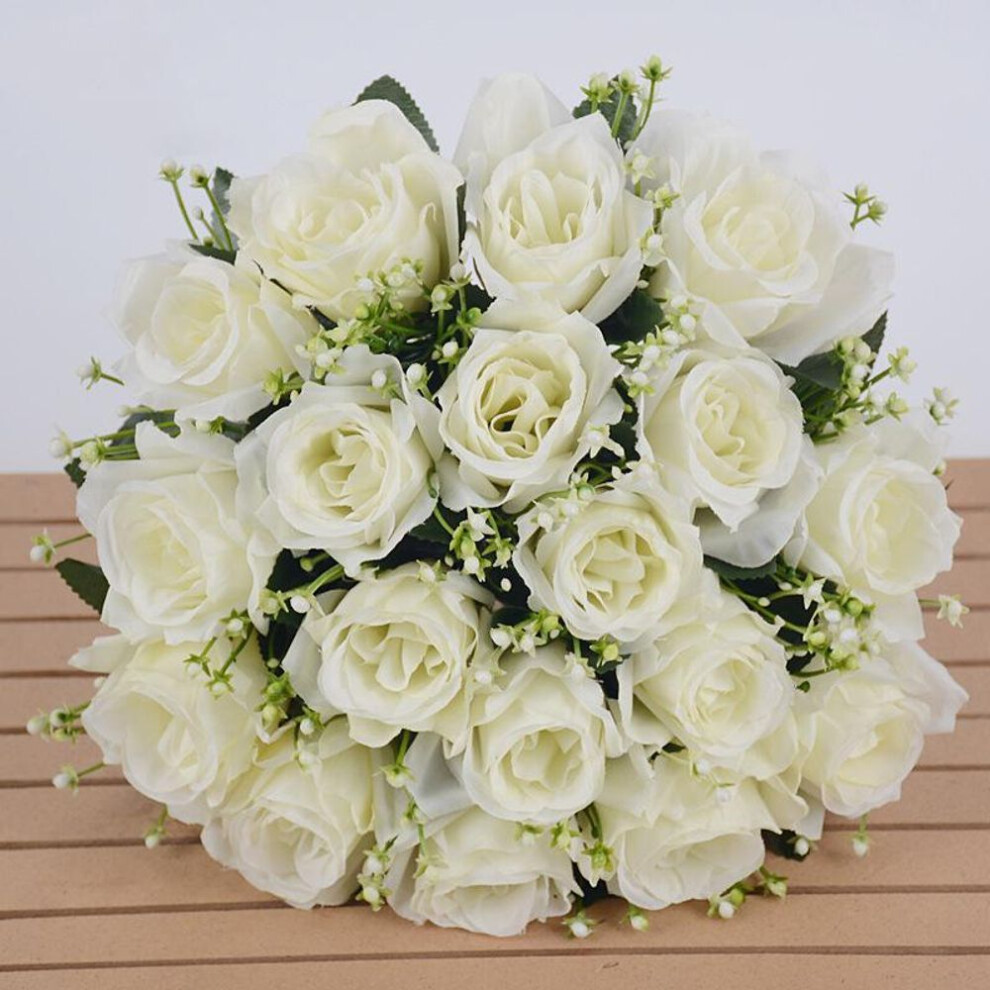 (beige) 18 Heads Silk Rose Artificial Flowers Fake Bouquet Wedding Home Party Decor