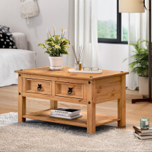 Corona 2-Drawer Solid Pine Coffee Table - Hand-Waxed, Rustic Mexican Style with Black Metal Fittings
