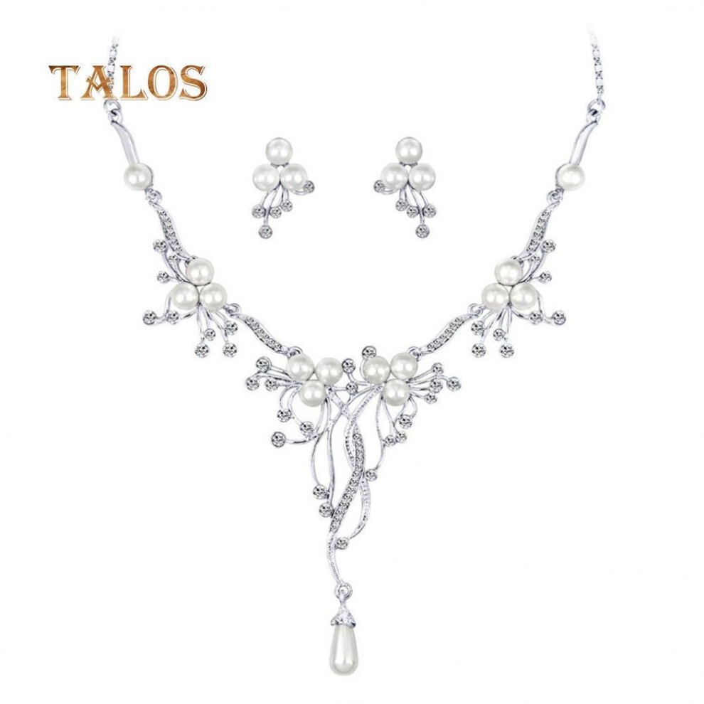 TALOS Crystal Stone Faux Pearl Flower Necklace Earrings Women Wedding Jewelry Set