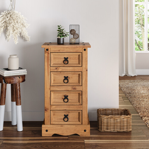 Corona Narrow 4 Drawer Bedside Cabinet Table Solid Wood Pine Wooden Bedroom