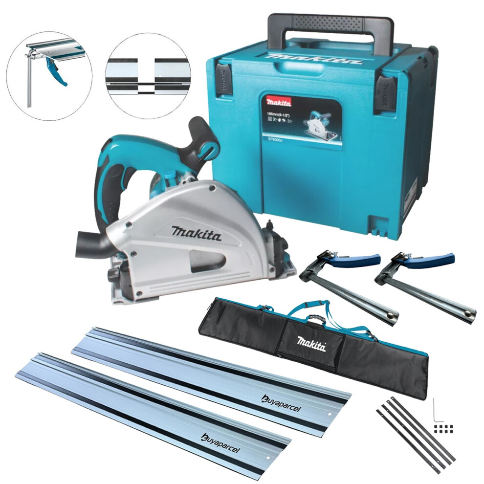 Makita SP6000J 110v Plunge Cut Circular Saw 165mm + 2x1.5m Guide Rail QR Clamp