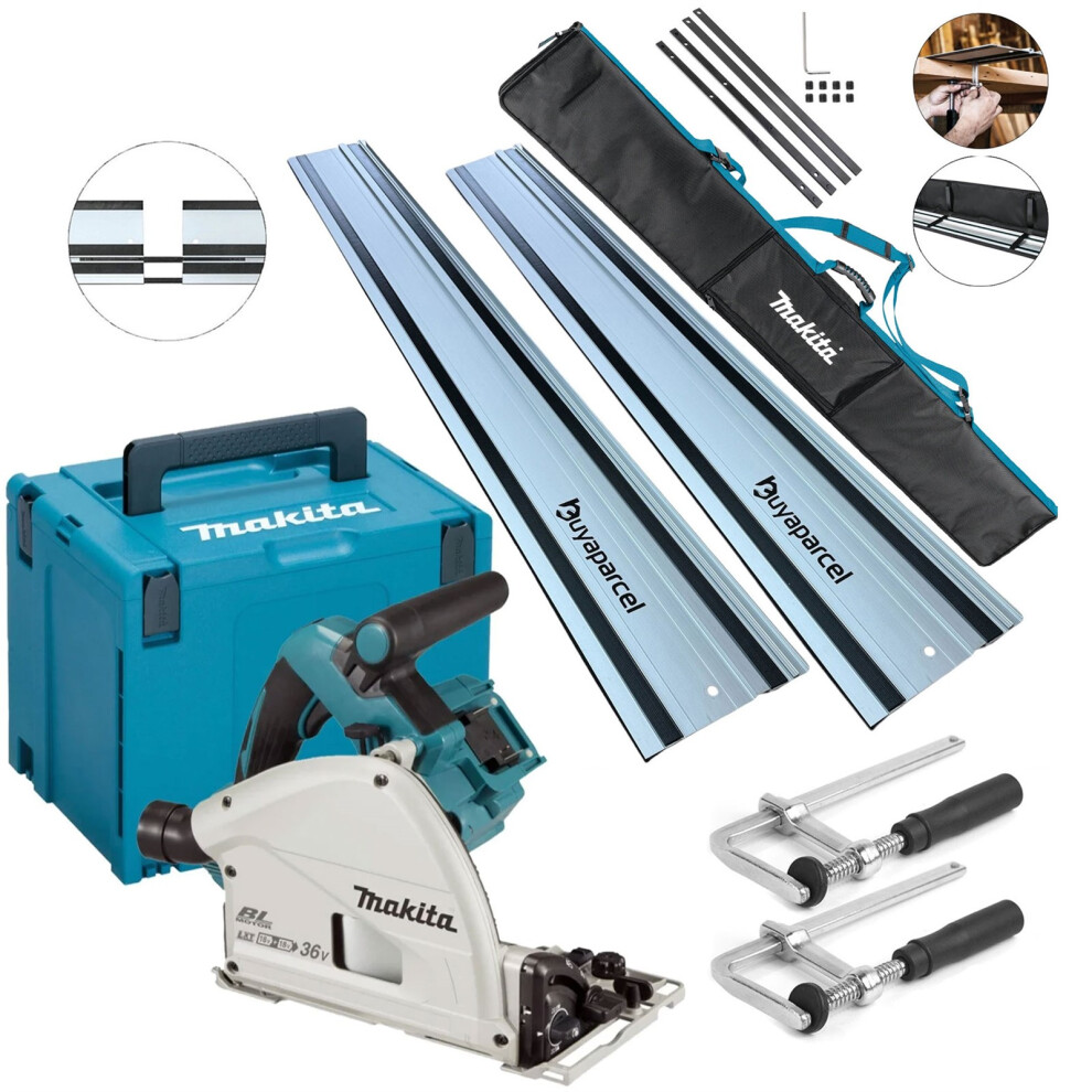 Makita DSP600ZJ 36v Twin 18v Brushless Plunge Cut Saw 2x1.5m Guide Rails + Clamp