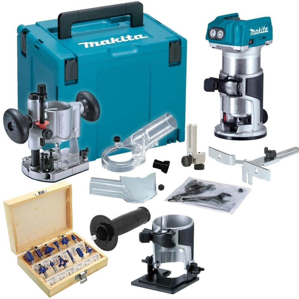 Makita DRT50ZJX2 18v Cordless Brushless Router Trimmer + Plunge Base + 12pc Set