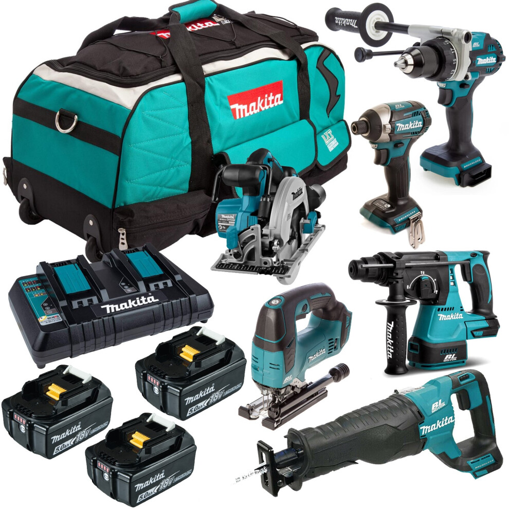 Makita DLX 18v 3x 5Ah Li-ion 6pc Brushless LXT Tool Kit Drill Saw Driver Recip