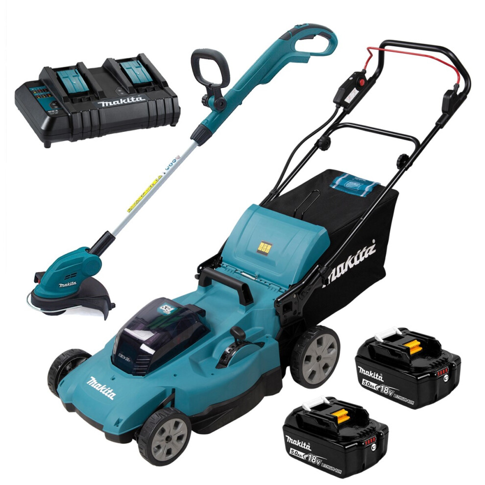 Makita Twin 18V / 36V 530mm Push Lawn Mower X2 5AH + DUR181Z 18v Line Strimmer