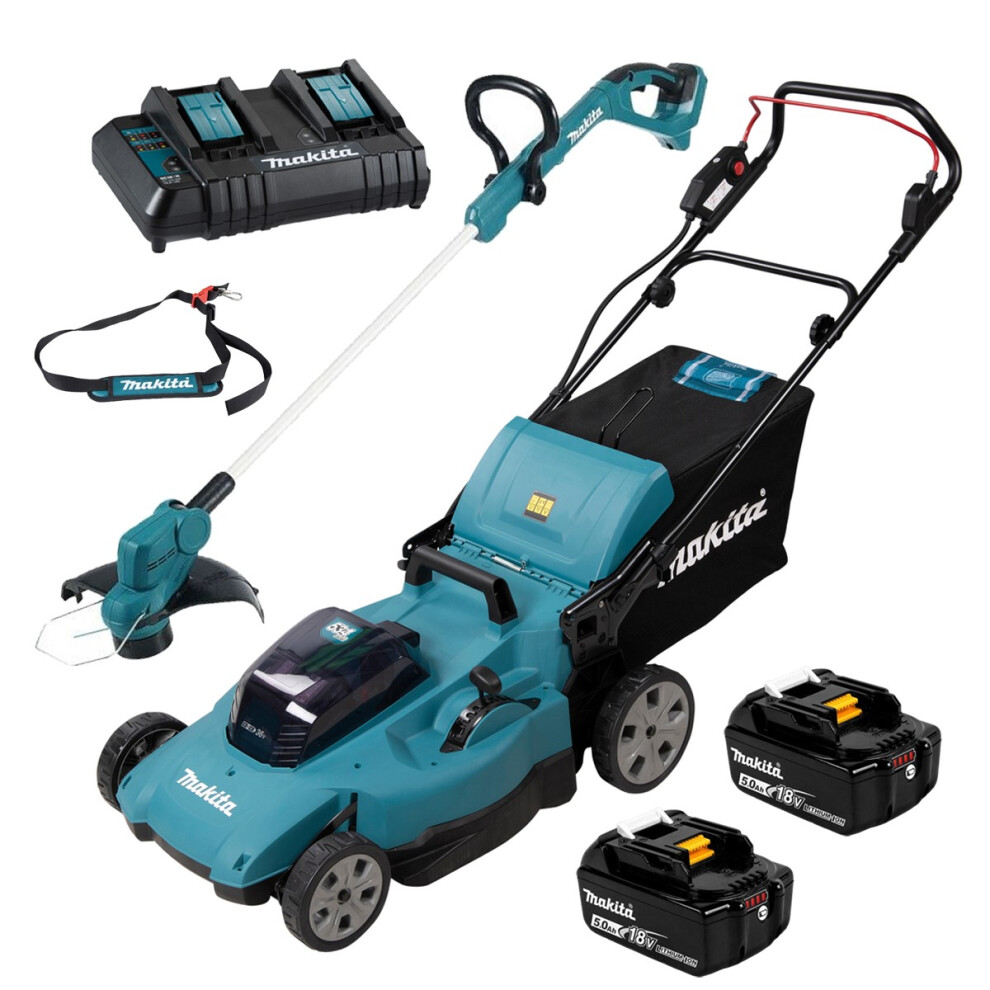Makita Twin 18V / 36V 530mm Push Lawn Mower X2 5AH + DUR193Z 18V Line Strimmer
