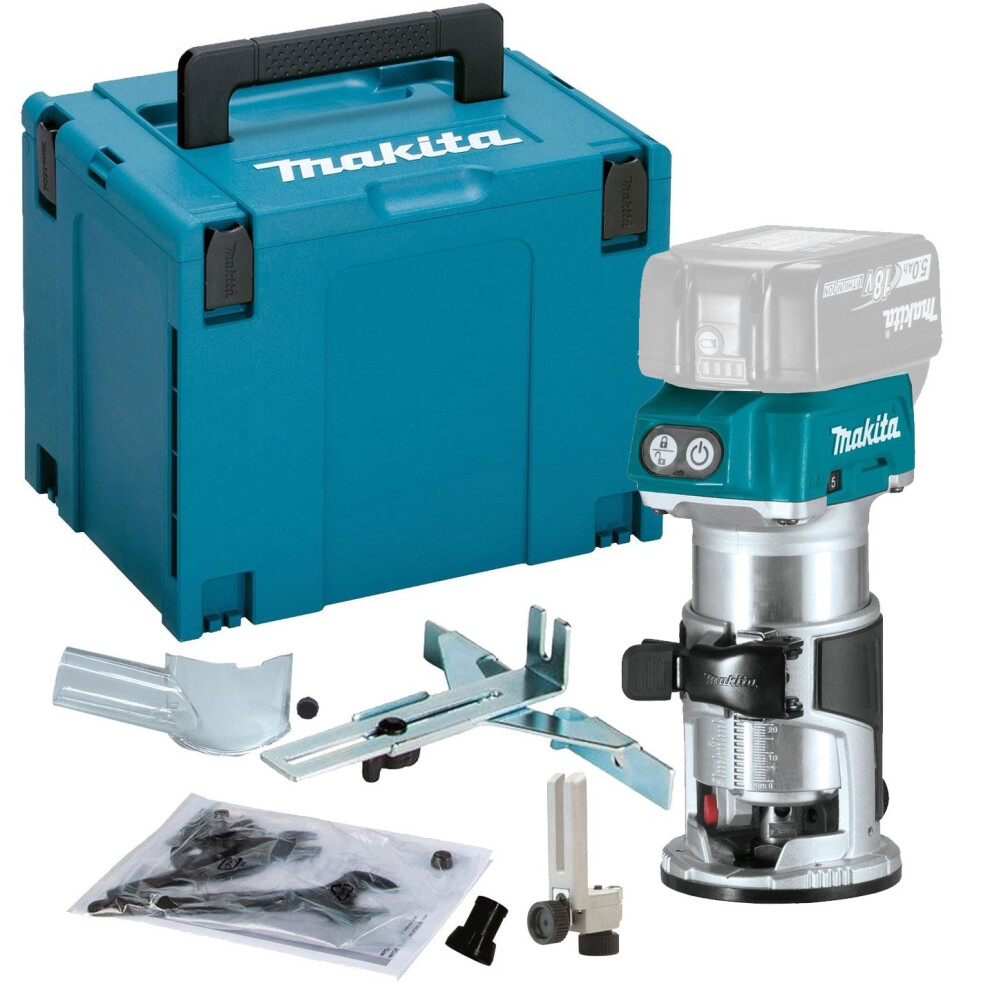 Makita DRT50ZJX4 18V Cordless Brushless Laminate Router Trimmer + MAKPAC +Guide
