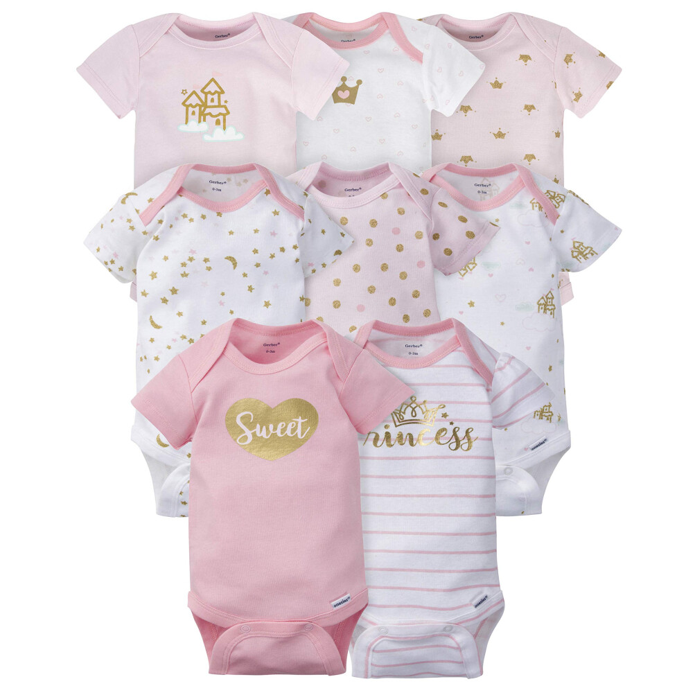 Gerber Baby Girl's 8-Pack Short Sleeve Onesies Bodysuits  Castle  Newborn