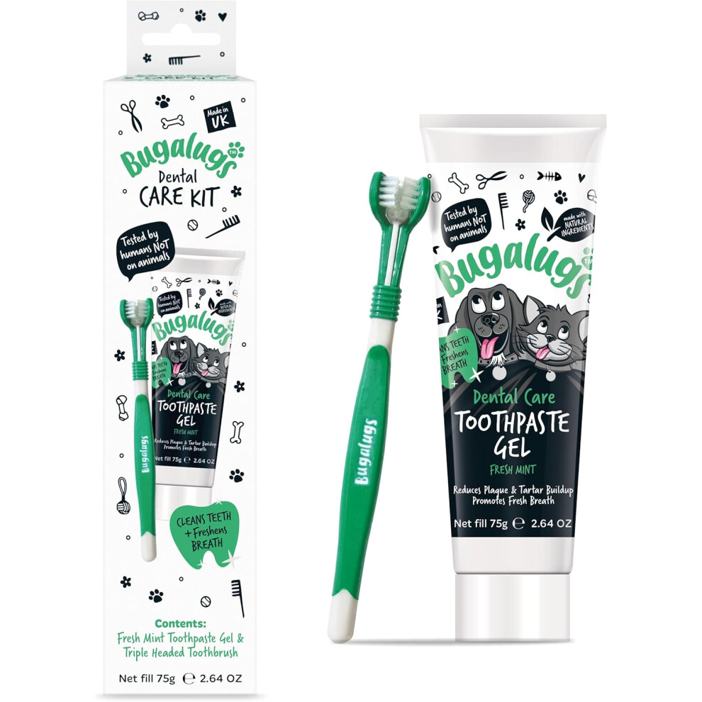 Bugalugs Dental Care Kit For Dogs & Cats Toothpaste Gel (75G) & 1 X Triple Headed Toothbrush For Dogs, Puppy, Cat & Kitten Essentials