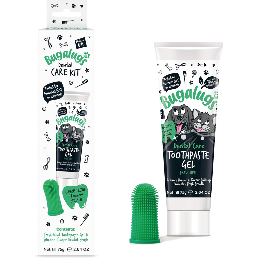 Bugalugs Dental Care Kit for Dogs & Cats Toothpaste Gel (75g) Silicone Finger Toothbrush for Dogs, Puppy, Cat & Kitten