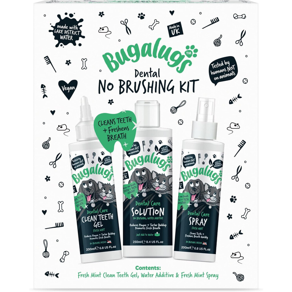 Bugalugs Dental Care No Brushing Kit Dog & Cat Teeth Gel, Water Additive, Spray