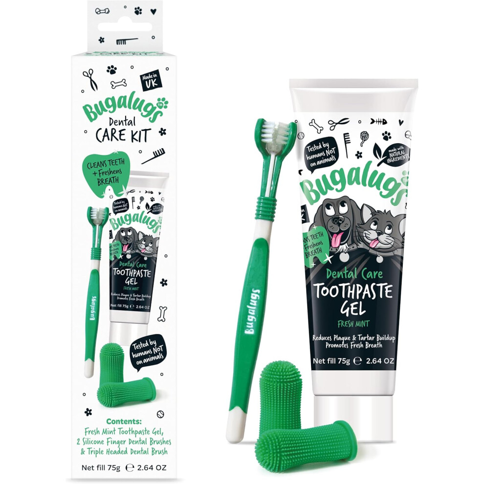 Bugalugs Dog Toothbrush And Toothpaste Kit Includes Cats & Dog Toothpaste, 2 X Finger Cat Toothbrush, 1 X Dog Toothbrush