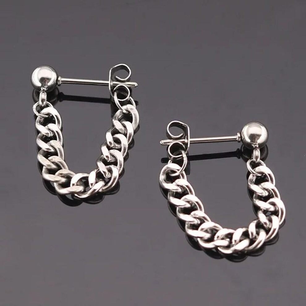 (silver) 1 Pair Titanium Steel Chain Earrings For Men Women Hiphop Rock Punk Fashion Jewelry Piercing Earring
