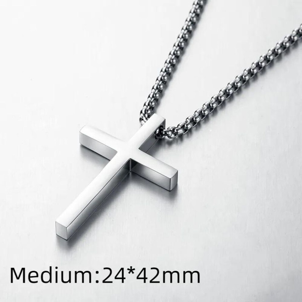 (Medium) Stainless Steel Cross Pendant Necklace For Men Women Minimalist Jewelry Male Female Necklaces Chokers Silver Color