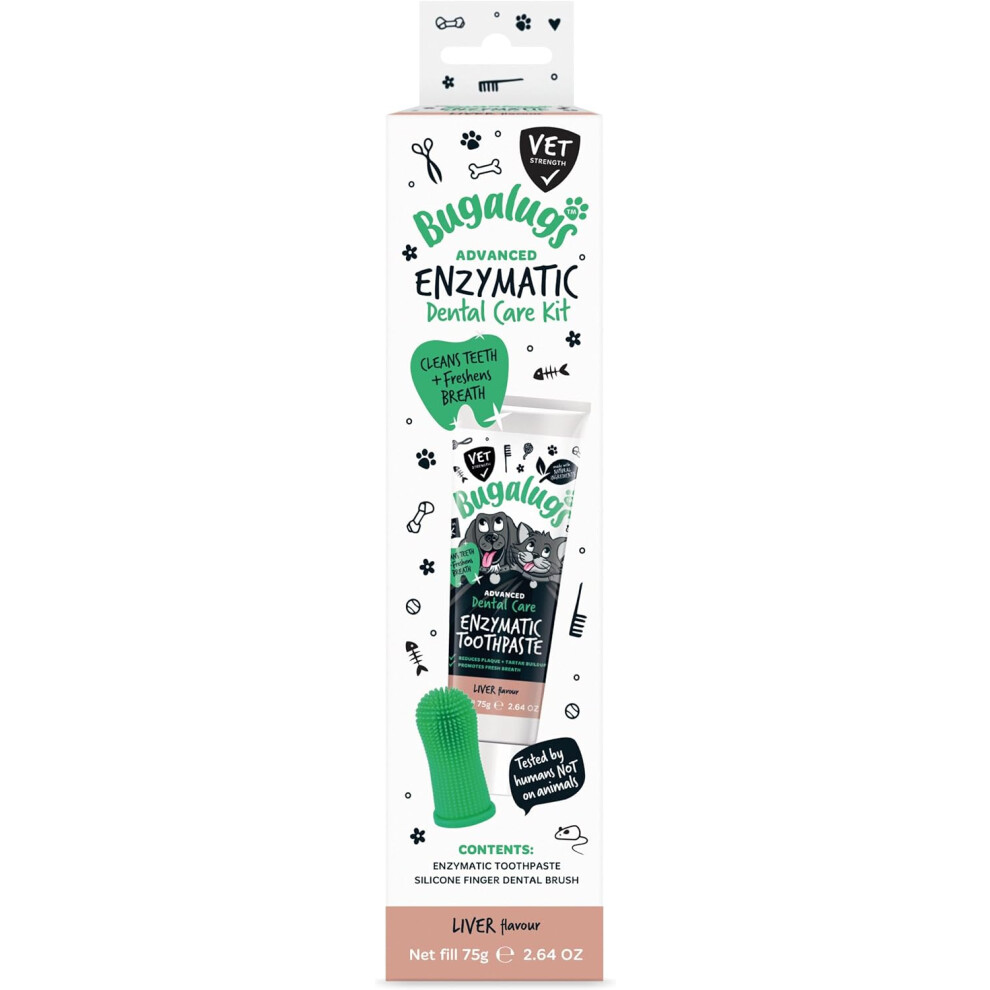 Bugalugs Dental Care Kit For Dogs & Cats Toothpaste Gel (75G) & 1 X Triple Headed Toothbrush For Dogs, Puppy, Cat & Kitten